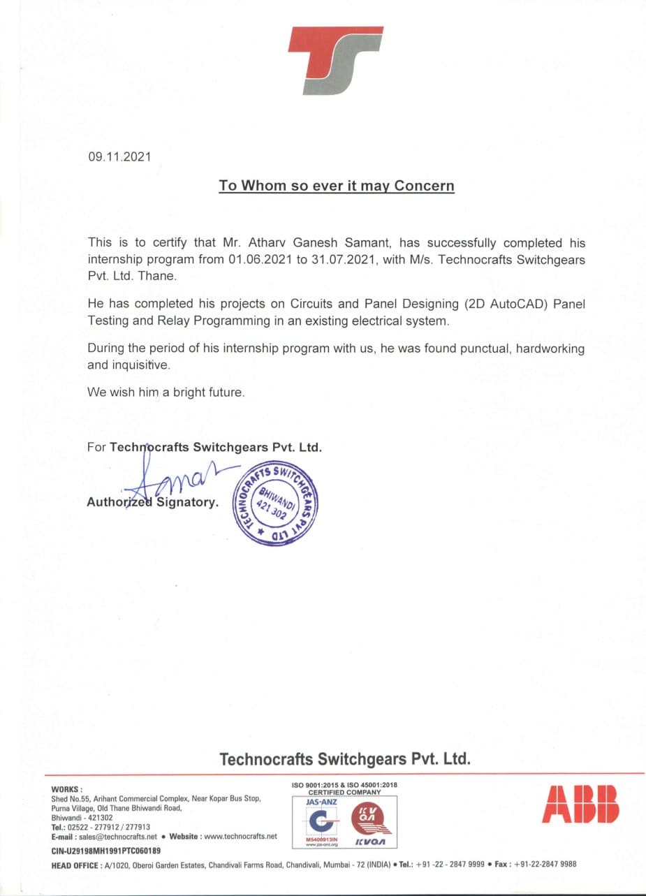 Technocrafts Switchgears Pvt. Ltd. internship certificate